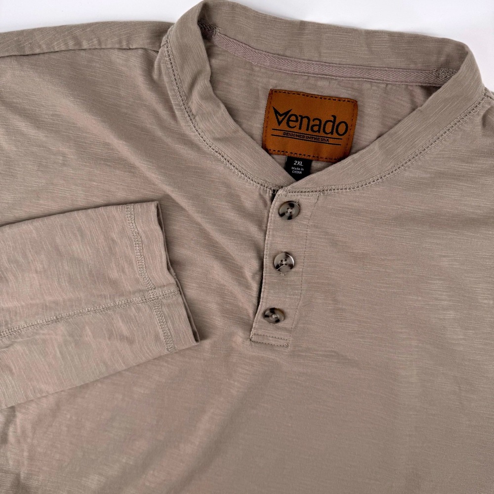 Venado Mens 2XL Henley‎ Long Sleeve Shirt Taupe Brown Slub Knit Cotton Blend